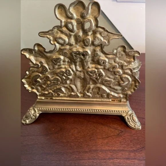 Vintage Solid Brass Cherub Letter Holder Inkwell Grand Decorative Desk Accessory - Picture 9 of 12